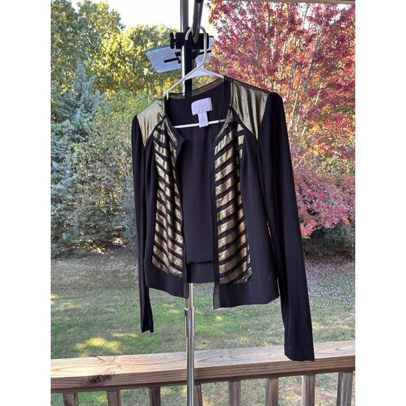 Cache Cardigan Jacket Open Front Top Black & Metallic Gold Holiday Party Size 0 - Picture 16 of 16